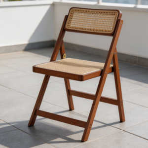 Walnut Rattan Folding Chairs Set of 2 Mid-Century